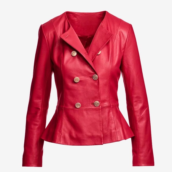Bagatelle collection Red Double-Breasted Leather Blazer with Gold Buttons - Picture 2 of 5